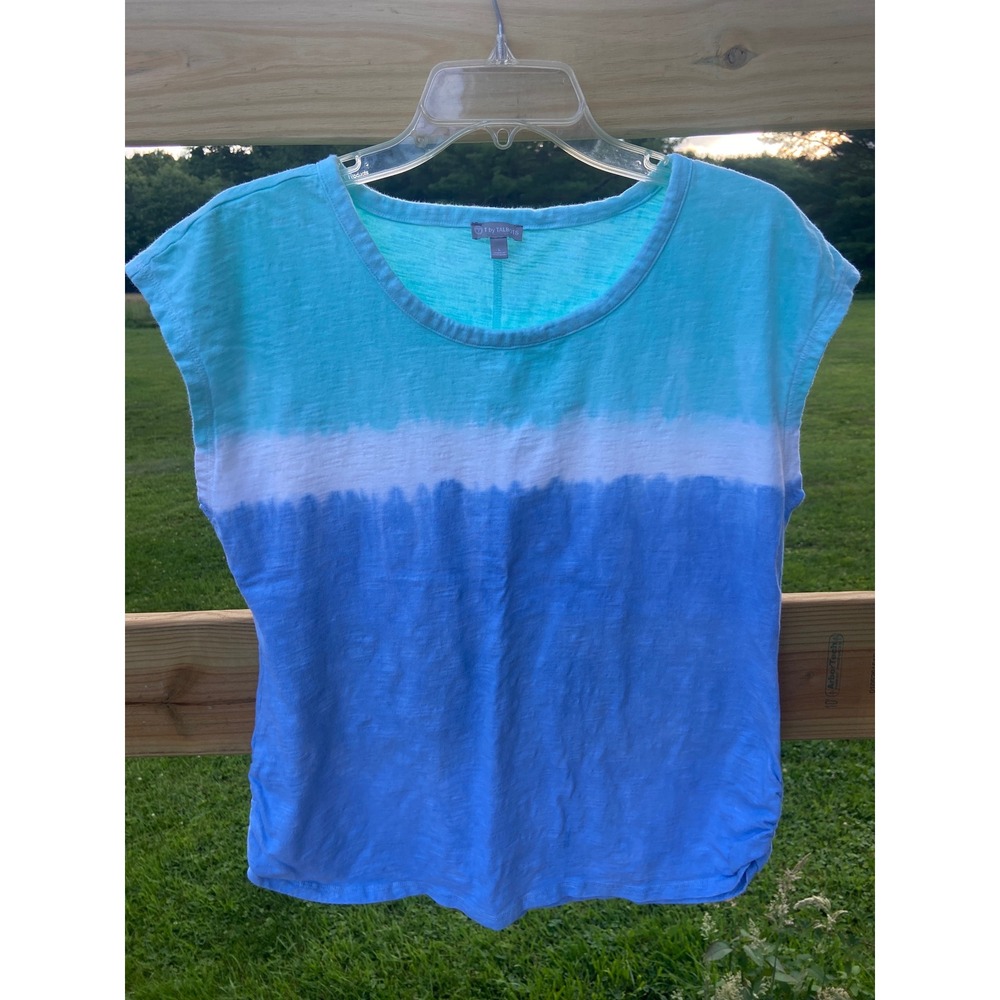 T by Talbots Womens Blue White Ombre Dip Dye Cotton Slub Top Side Ruched Large